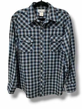 Wrangler Wrancher XL Blue Plaid Pearl Snap Western Casual Shirt Cowboy Rodeo